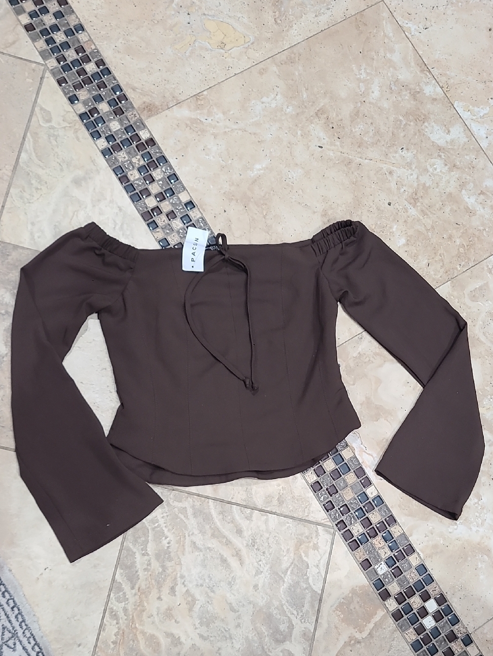 PacSun Brown Off-Shoulder Long Sleeve Tie Top